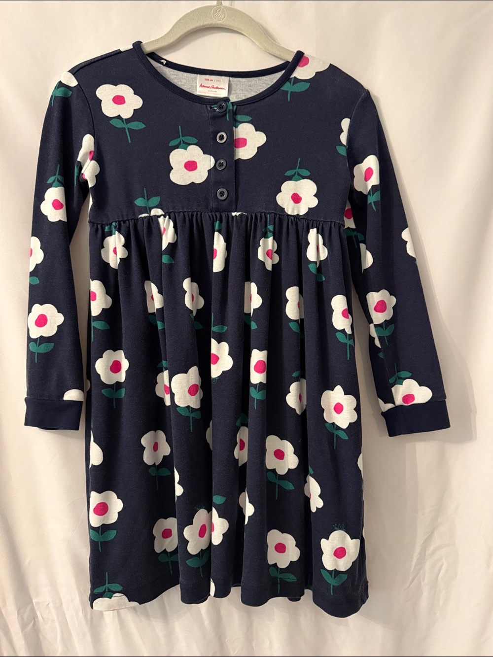 Hanna Andersson Navy Floral Knit Button-Front Long Sleeve Dress - Size 8